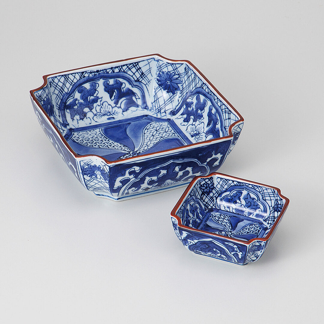 古染祥瑞 角刺身鉢 [ 向付 ] 15×15×5.3cm