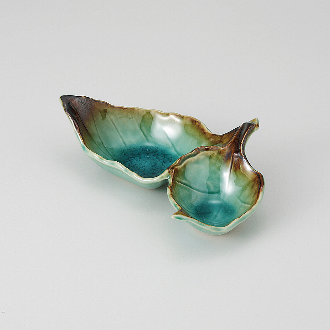 緑釉 双葉小付 [ 珍味・小付 ] 13.3×9.5×3.8cm