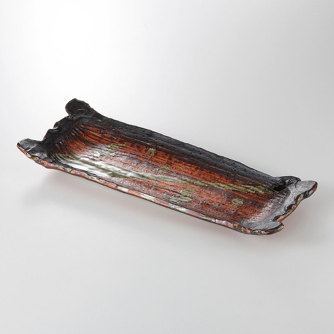 焼締め黒渕 格子長皿 41.7×17×4.7cm