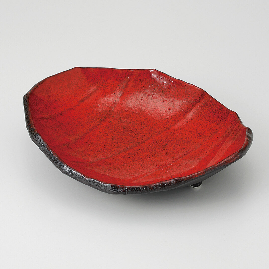 紅黒炭 筋彫三ツ足皿 [ 向付 ] 22.8×19.7×5.8cm