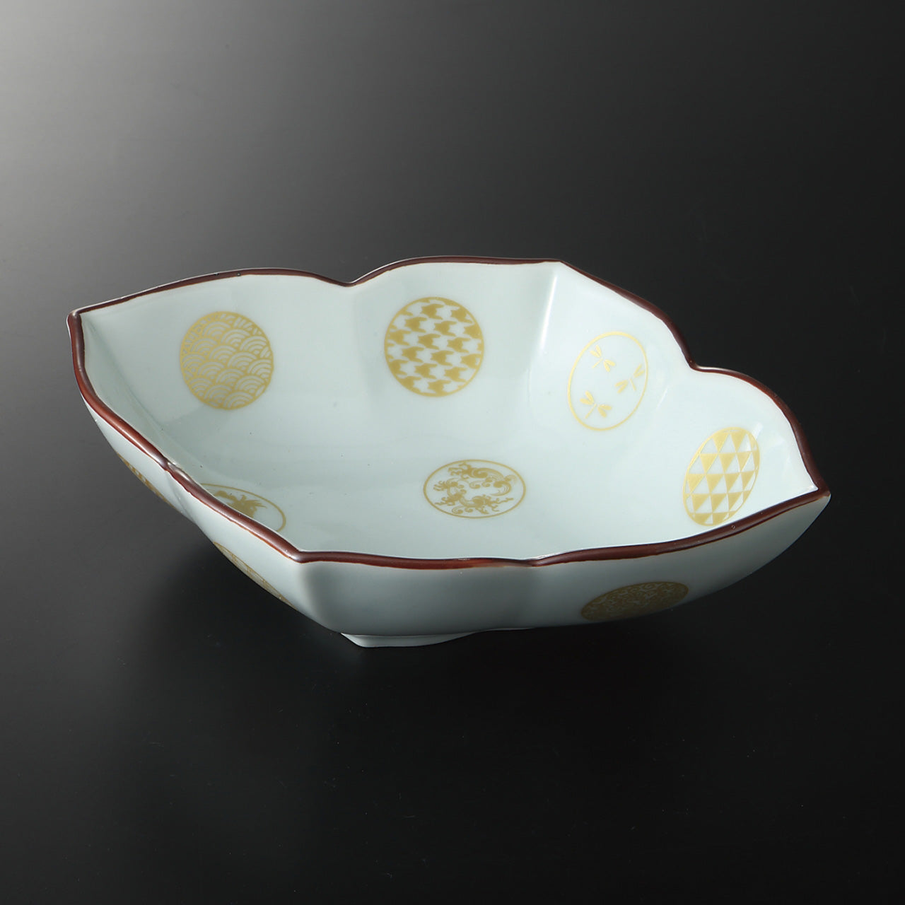 青磁金彩丸紋花 木瓜型向付 20×16×4.8cm