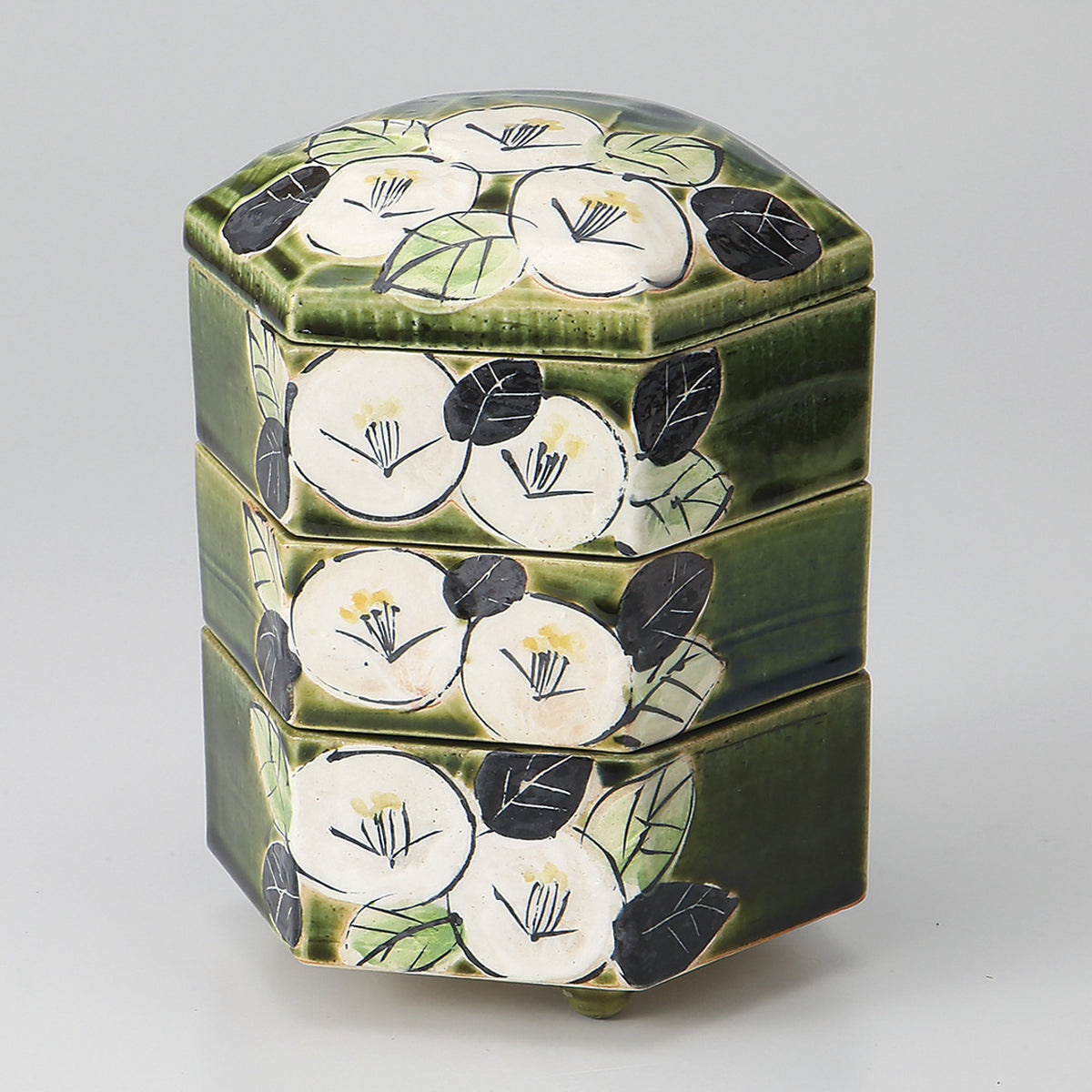 織部椿 三段重 13.5×11.5×13cm