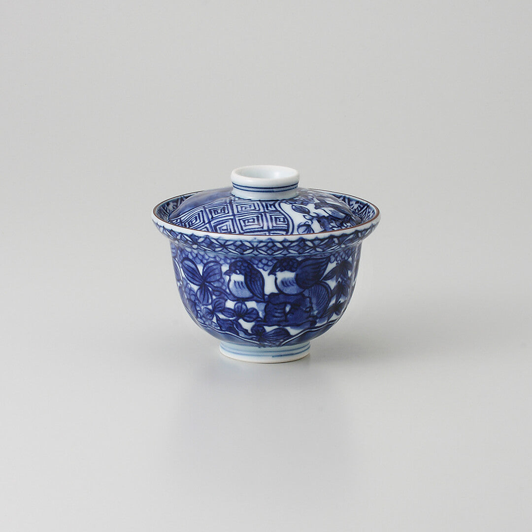 染付地紋花鳥 小蓋物 [ 煮物碗・蓋向 ] 10.5x8.3cm