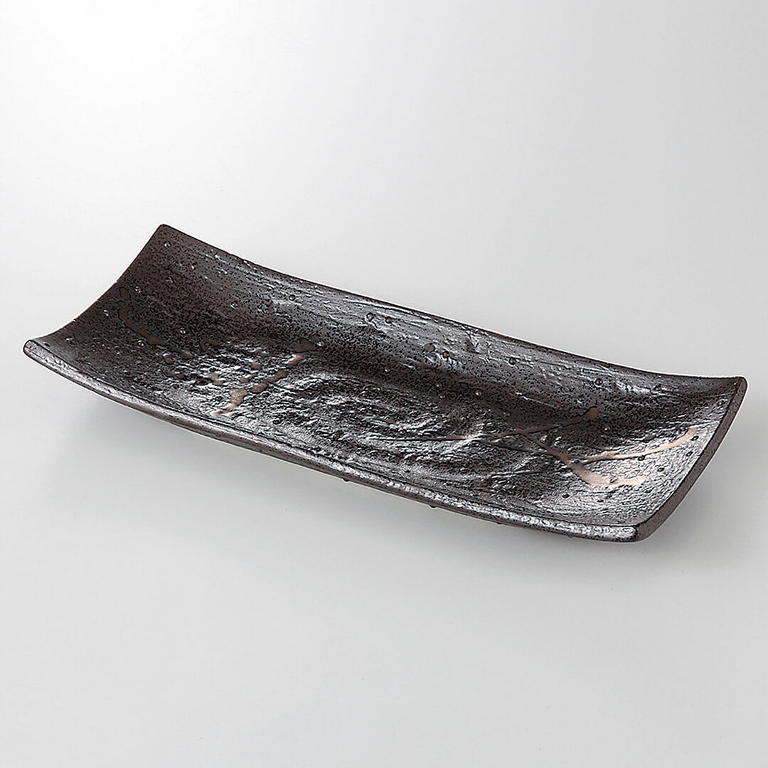 茶金散らし 砂目焼物皿 [ 長角・長皿 ] 26.8x11.3x4cm