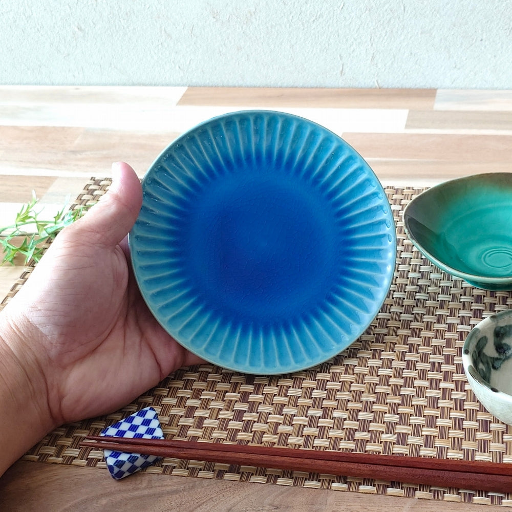 トルコ釉 しのぎ5寸皿 [ 取皿・銘々皿 ] 15.2x2cm