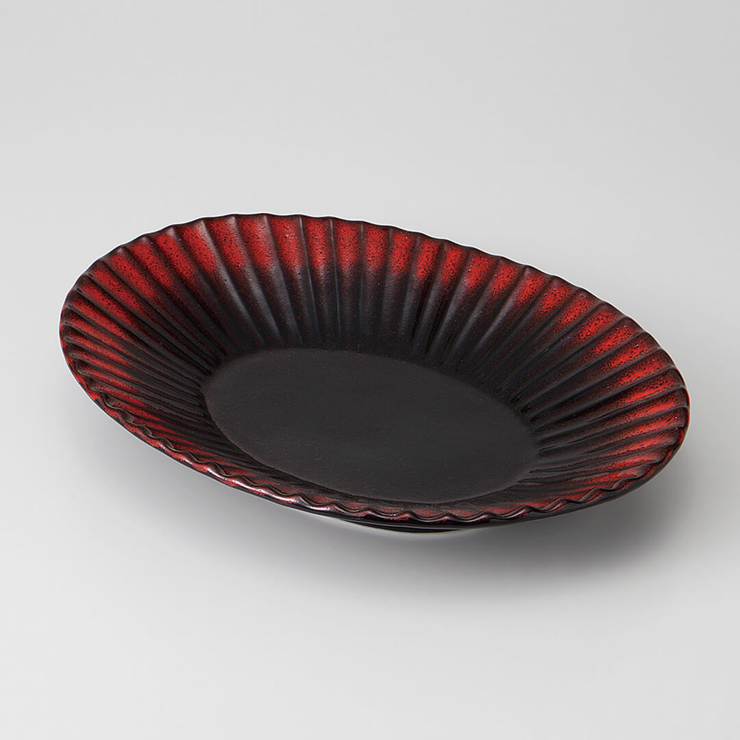 黒釉渕赤吹 菊型楕円鉢 [ 大鉢 ] 27.2x20.9x4.8cm