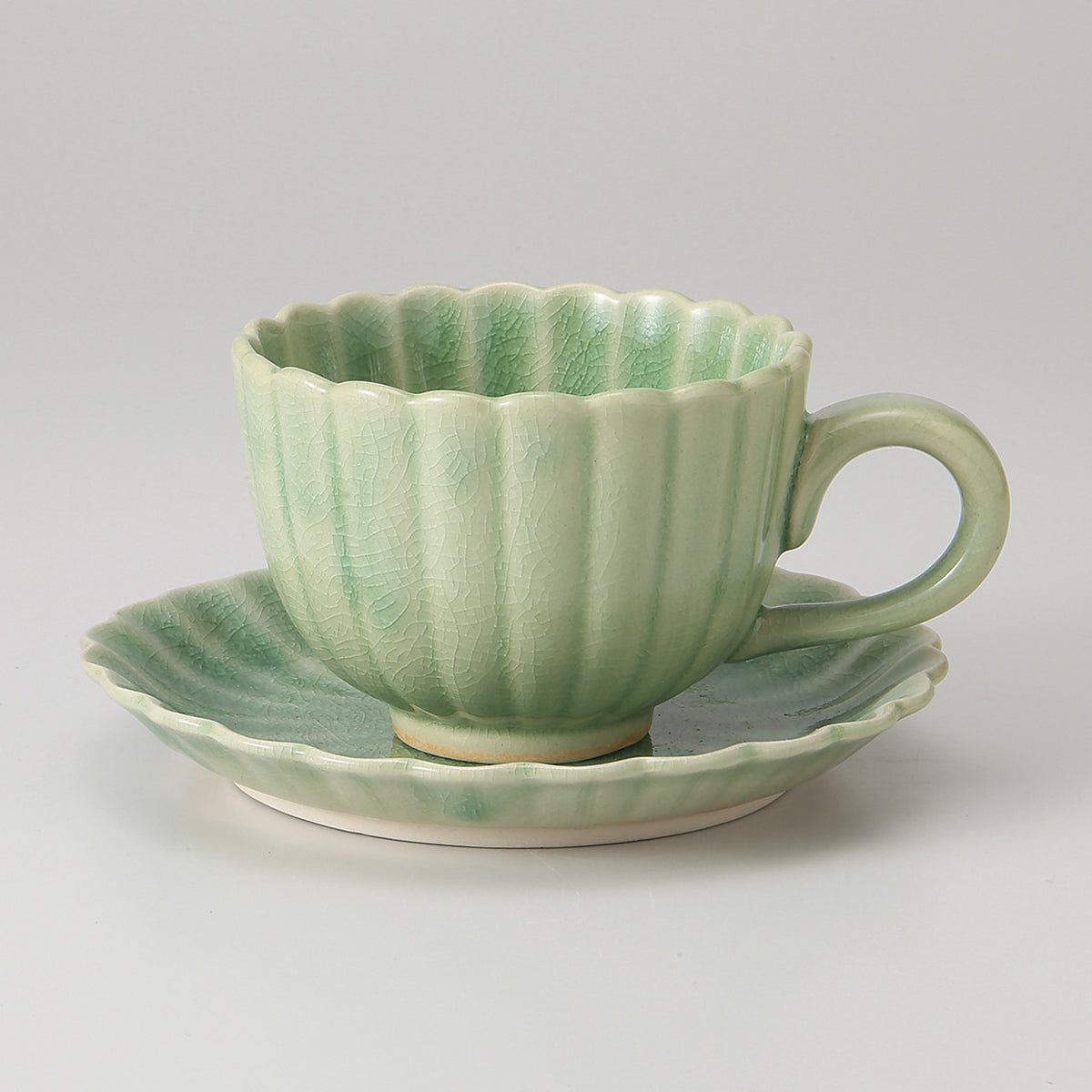 グリン貫入 菊型コーヒー碗皿 12×8.9×6.4cm 180cc