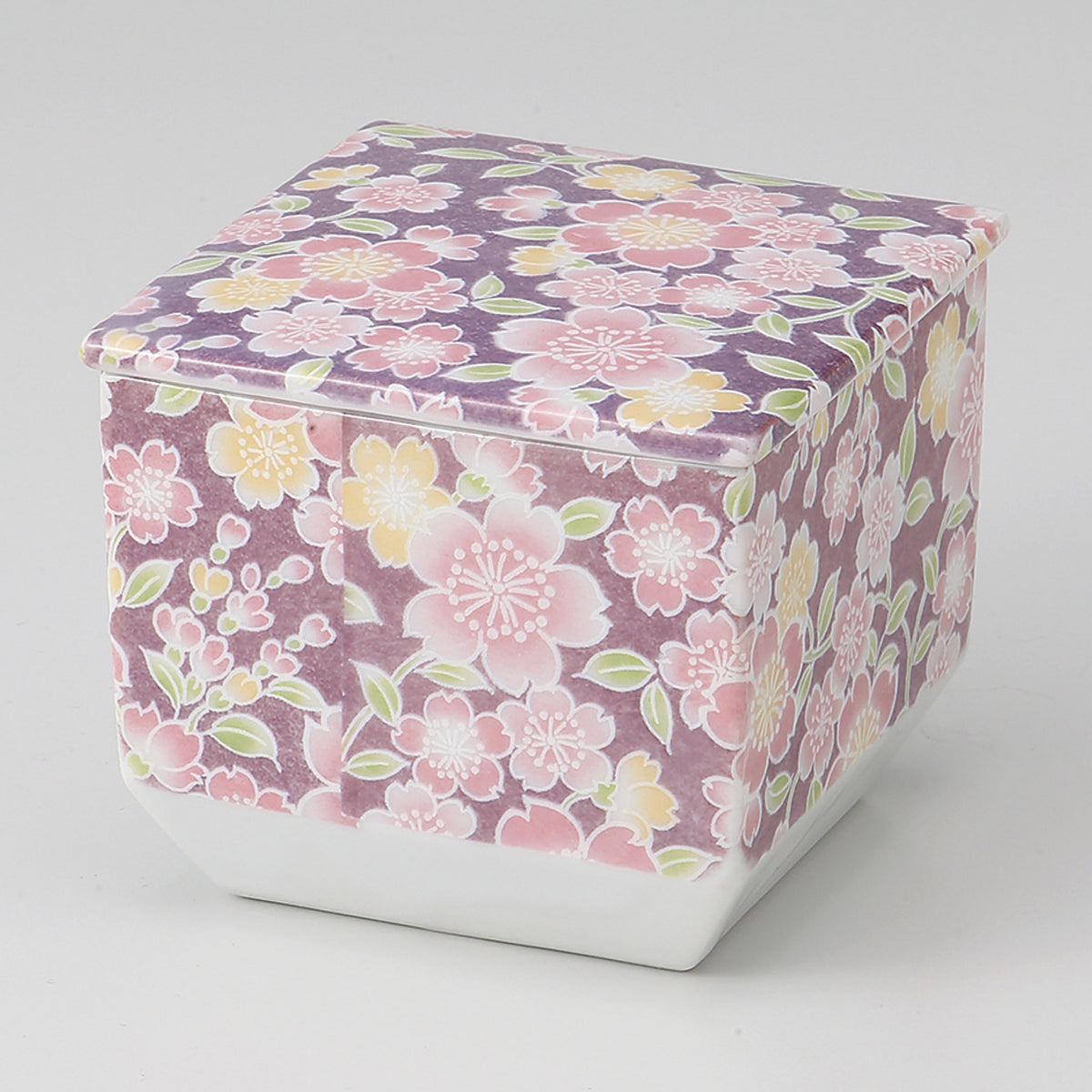 桜友禅(紫) 正角蓋物 8.7×8.7×7.6cm