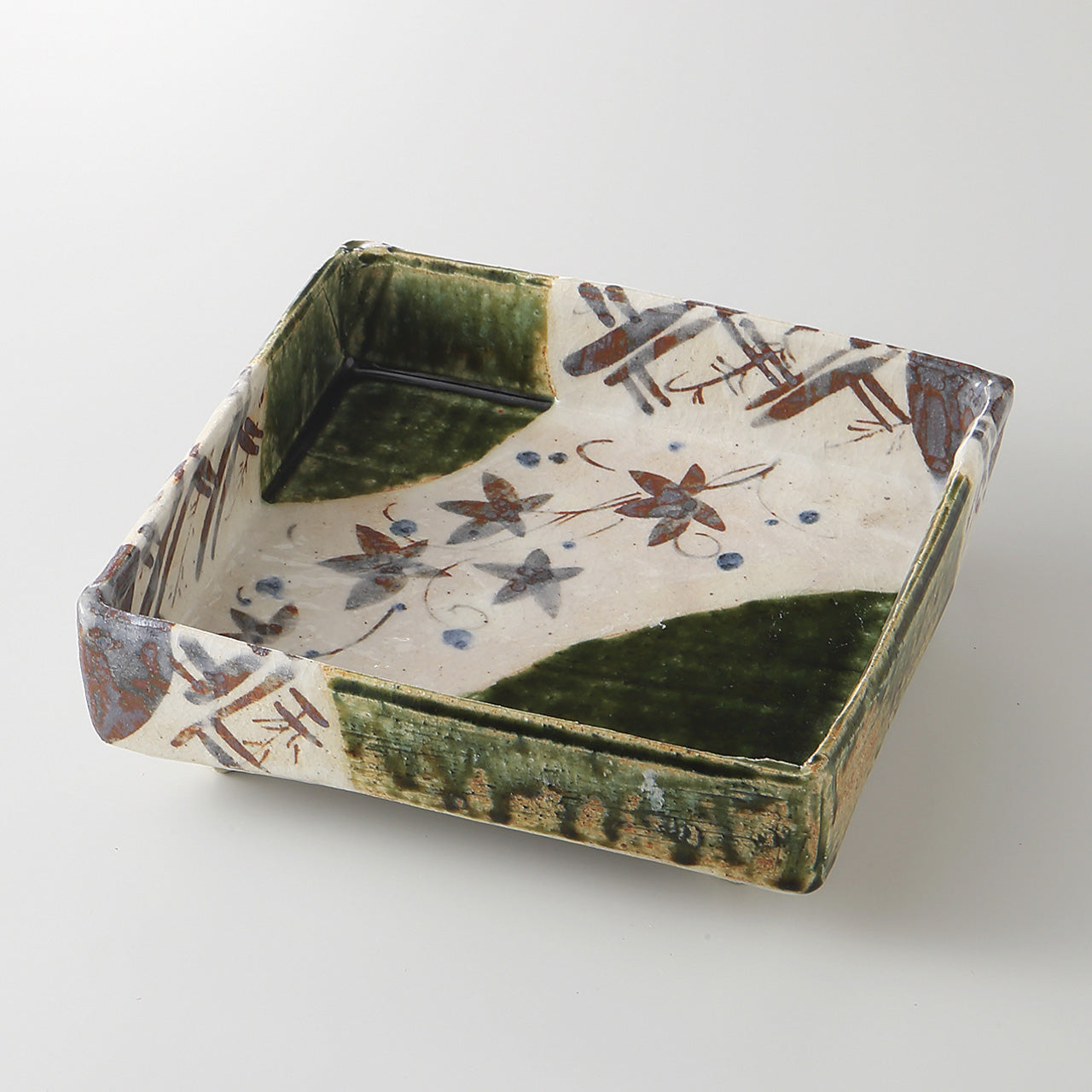 織部紅葉文 四方鉢 19.3×19×6cm