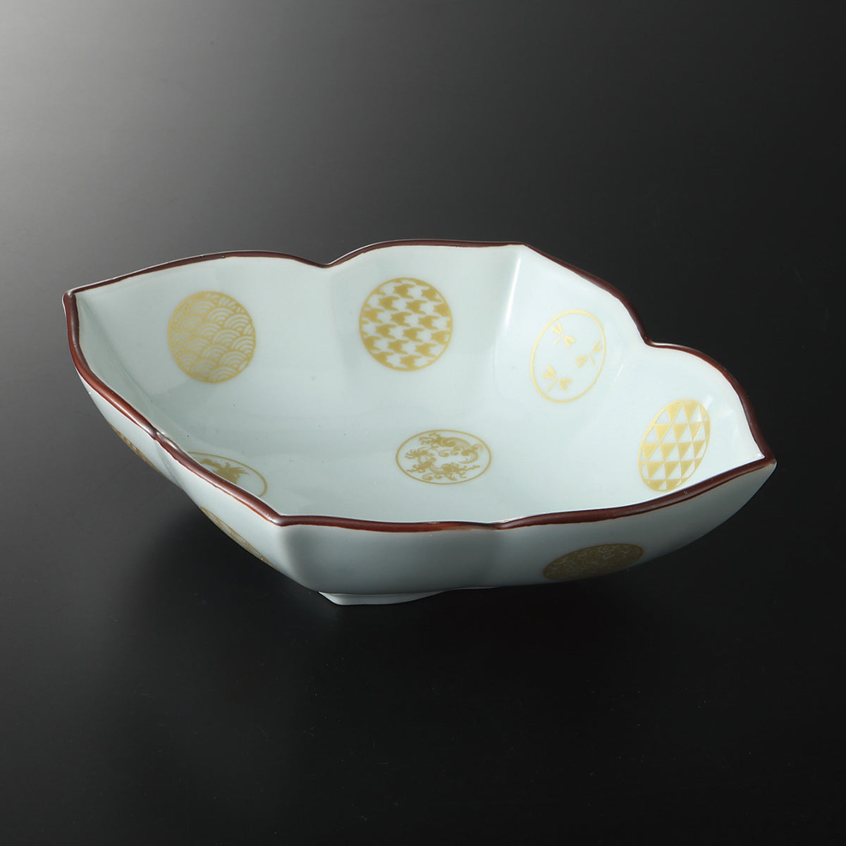 青磁金彩丸紋花 木瓜型向付 20×16×4.8cm