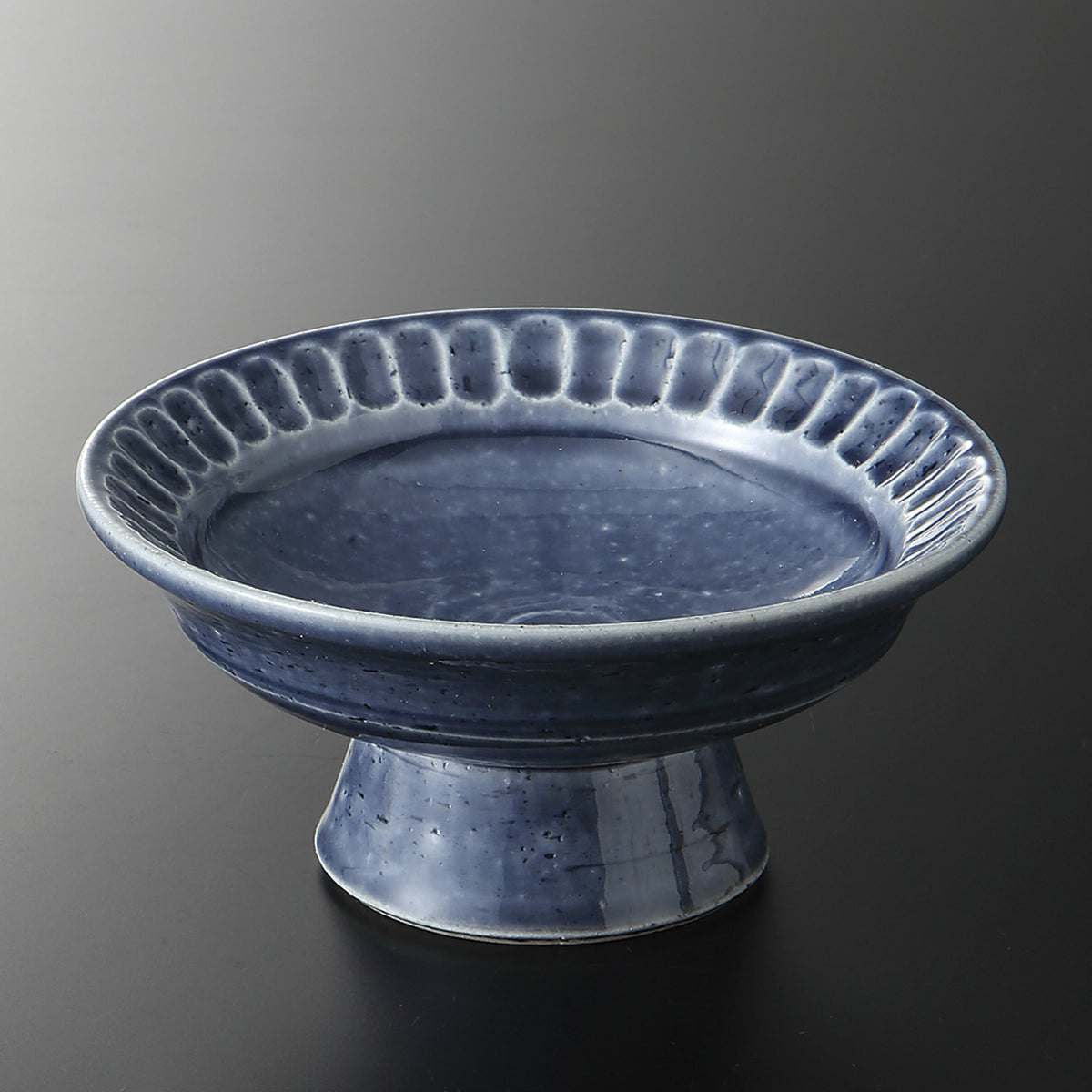 藍釉削ぎ目 高台鉢 12.5×5.8cm